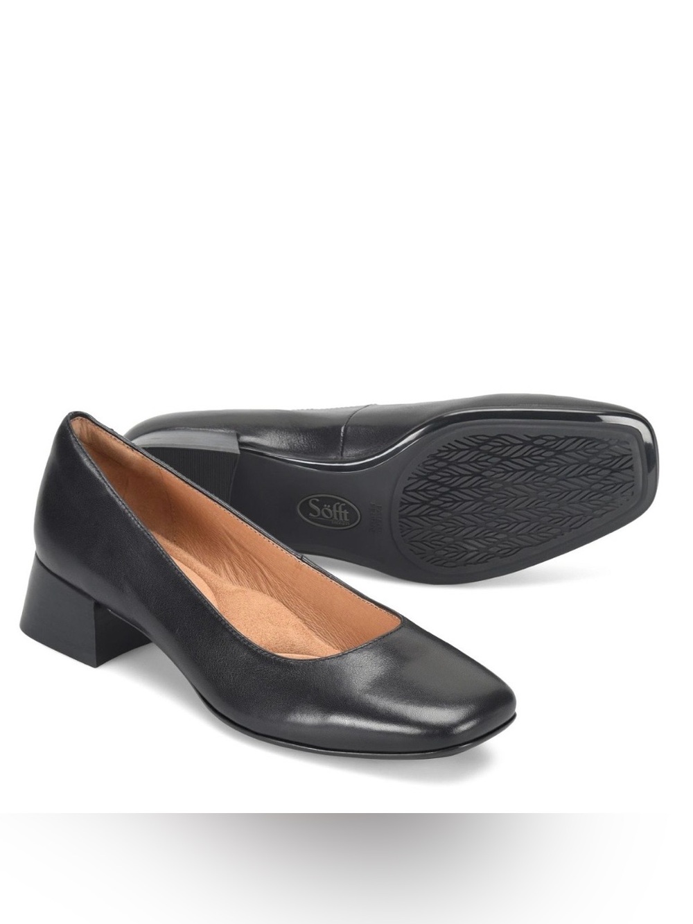 Black Leather Low Block Heel Pump
